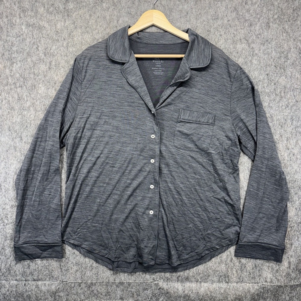 WoolX Harper Pajama Top Women's Large Gray Merino Wool Long Sleeve Collared Gray